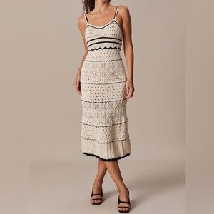 NWT Rihoas | crochet midi dress cream black boho scalloped pointelle knit XS